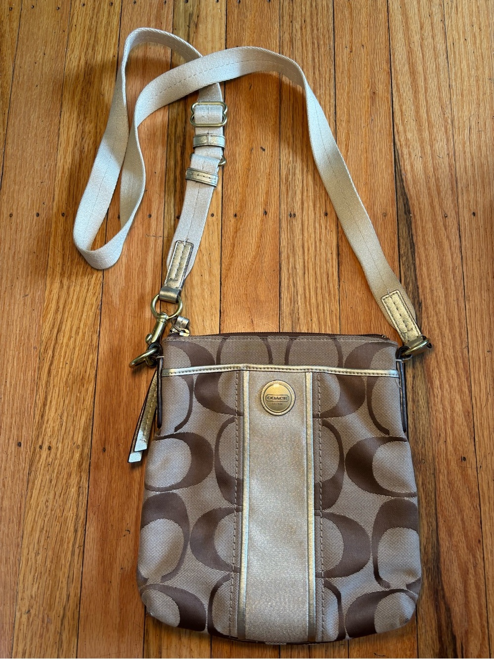 Coach Signature C Brown Crossbody Bag with Tan Strap